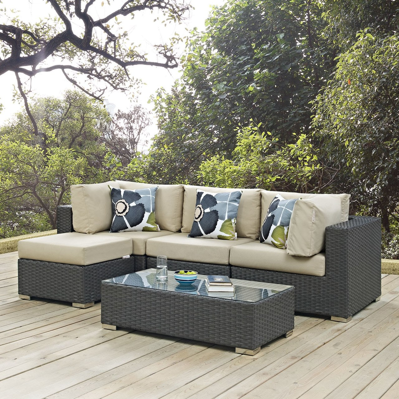 Sojourn Five PCS Outdoor Patio Sunbrella Sectional Set, Beige, Rattan 11160