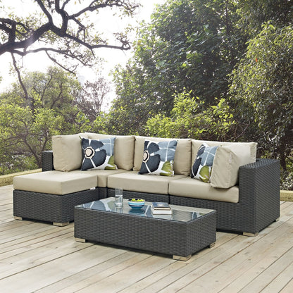 Sojourn Five PCS Outdoor Patio Sunbrella Sectional Set, Beige, Rattan 11160