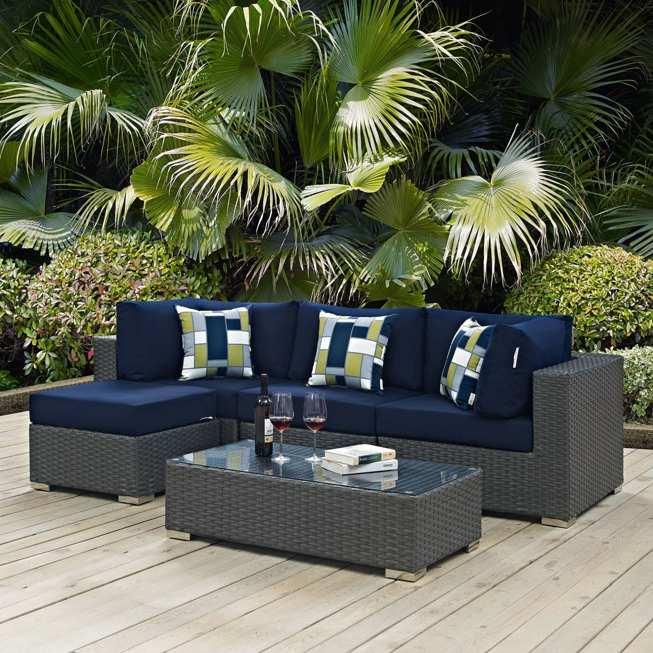 Sojourn Five PCS Outdoor Patio Sunbrella Sectional Set, Navy, Rattan 11161