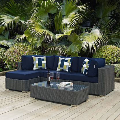 Sojourn Five PCS Outdoor Patio Sunbrella Sectional Set, Navy, Rattan 11161