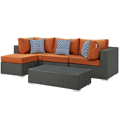 Sojourn Five PCS Outdoor Patio Sunbrella Sectional Set, Orange, Rattan 11162