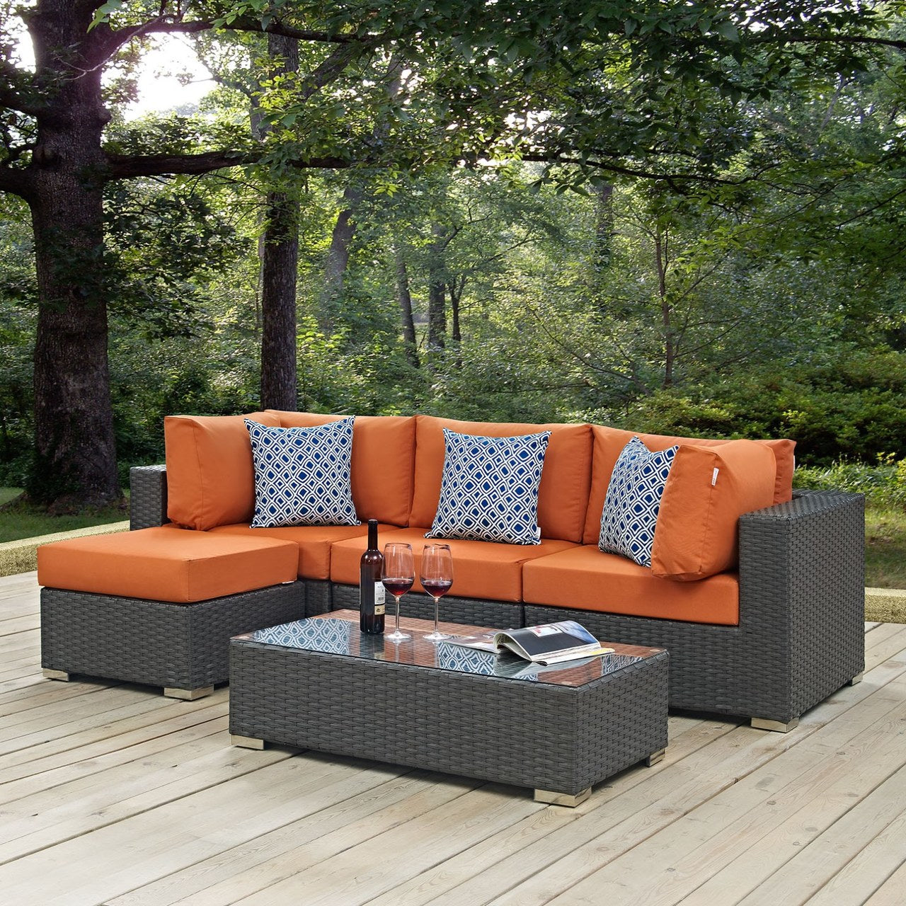 Sojourn Five PCS Outdoor Patio Sunbrella Sectional Set, Orange, Rattan 11162