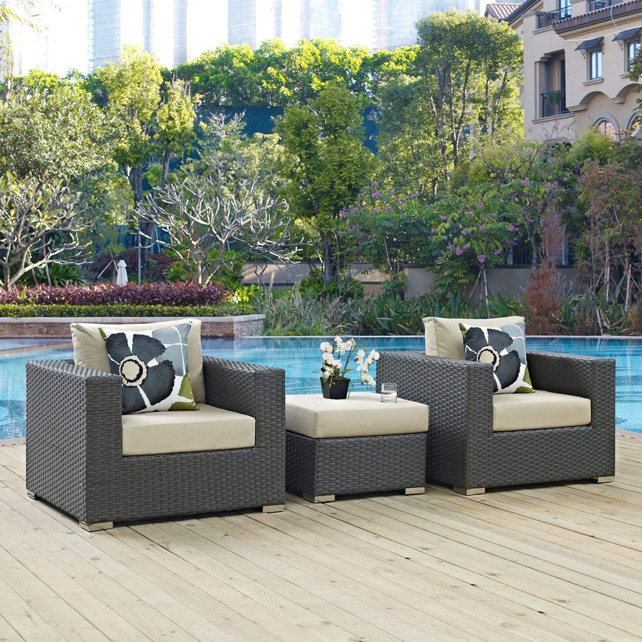 Sojourn Three PCS Outdoor Patio Sunbrella Sectional Set, Beige, Rattan 11163