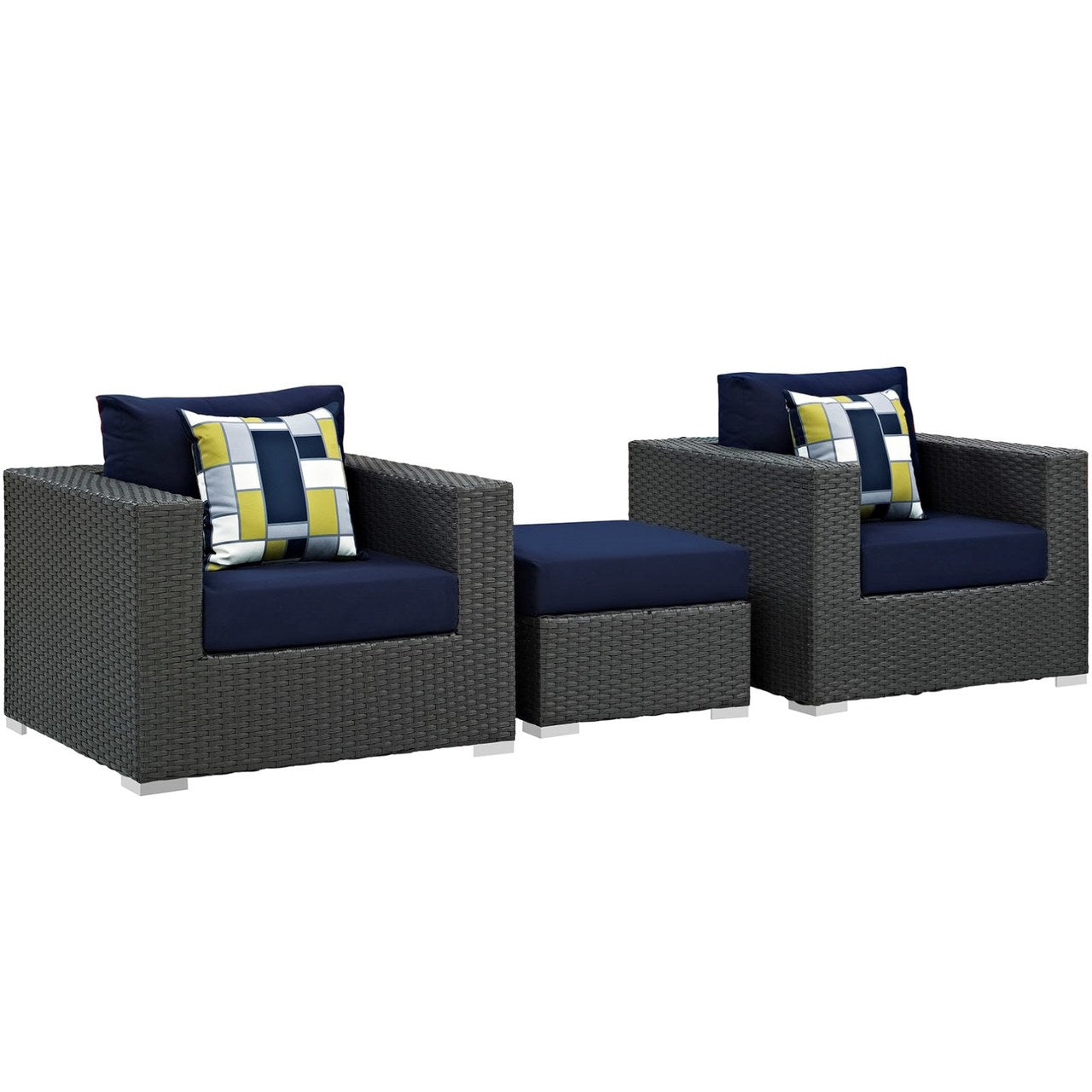 Sojourn Three PCS Outdoor Patio Sunbrella Sectional Set, Navy, Rattan 11164