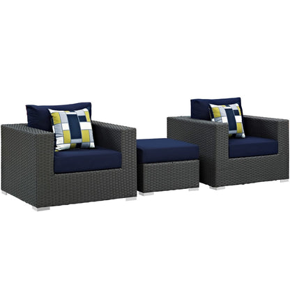 Sojourn Three PCS Outdoor Patio Sunbrella Sectional Set, Navy, Rattan 11164