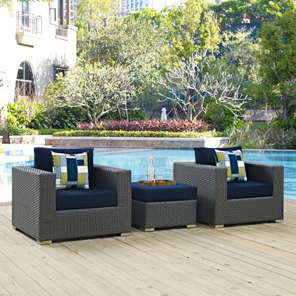 Sojourn Three PCS Outdoor Patio Sunbrella Sectional Set, Navy, Rattan 11164