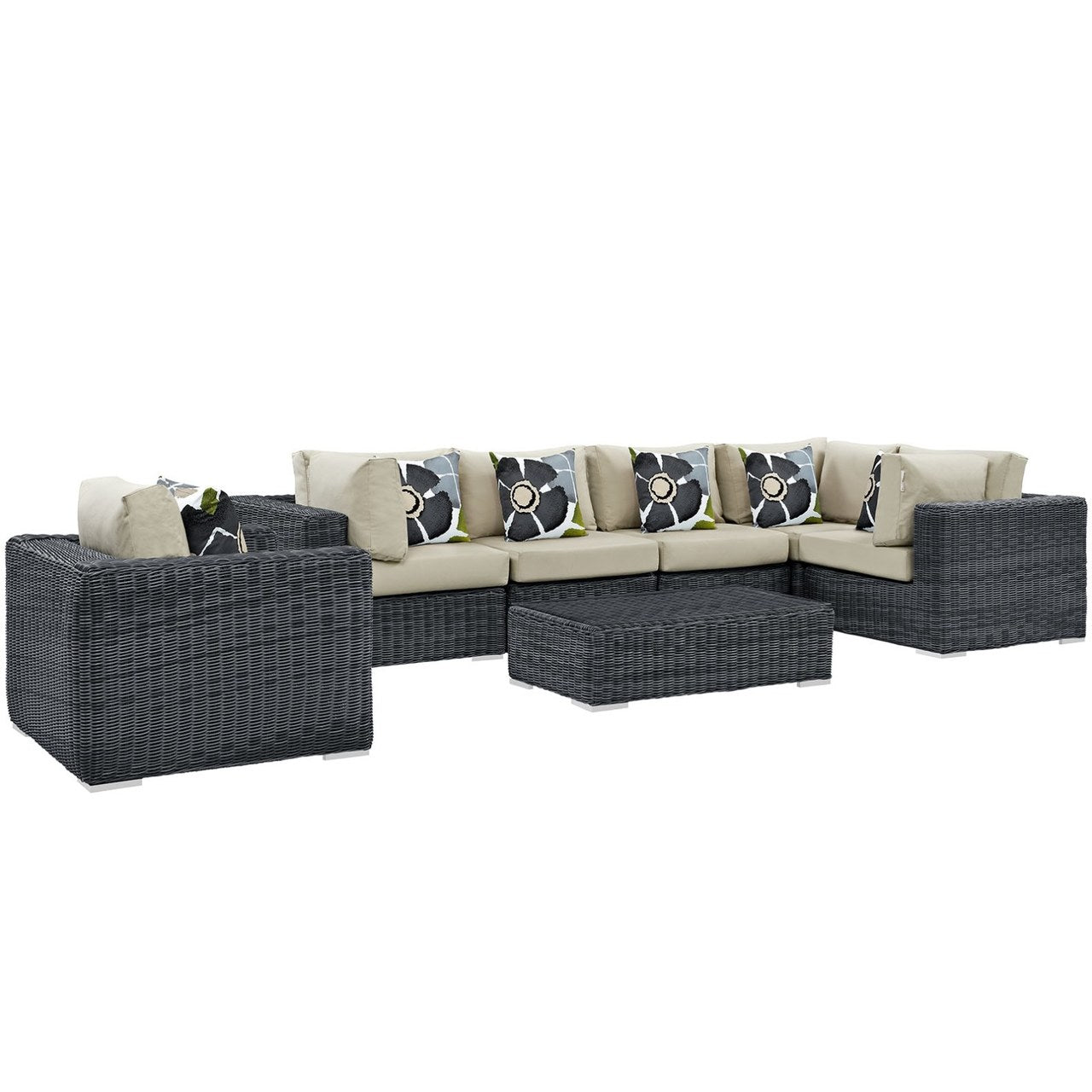 Summon Seven PCS Outdoor Patio Sunbrella Sectional Set, Beige, Rattan 11166