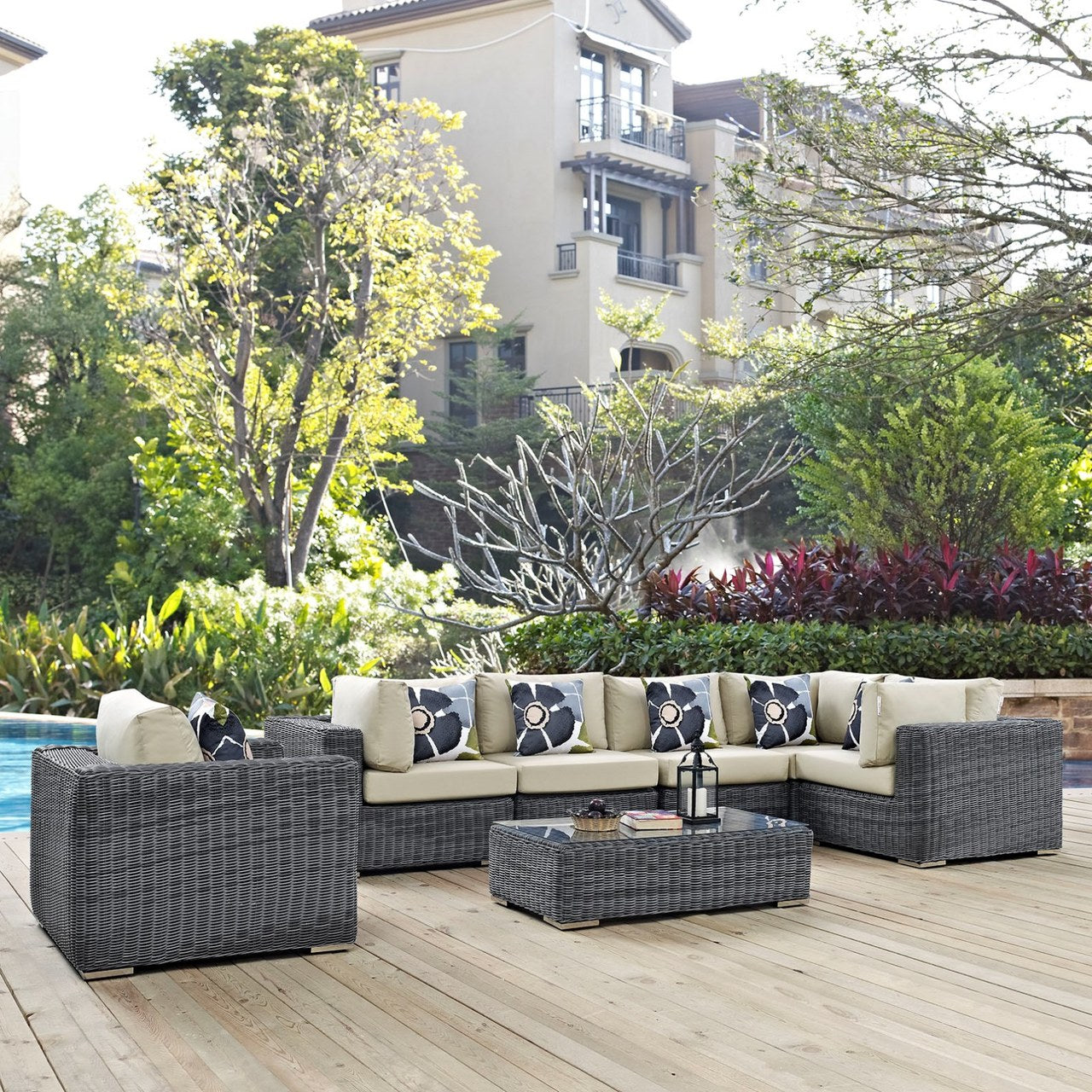 Summon Seven PCS Outdoor Patio Sunbrella Sectional Set, Beige, Rattan 11166