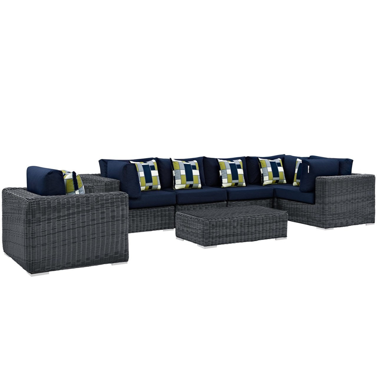 Summon Seven PCS Outdoor Patio Sunbrella Sectional Set, Navy, Rattan 11167