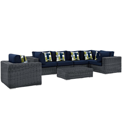 Summon Seven PCS Outdoor Patio Sunbrella Sectional Set, Navy, Rattan 11167