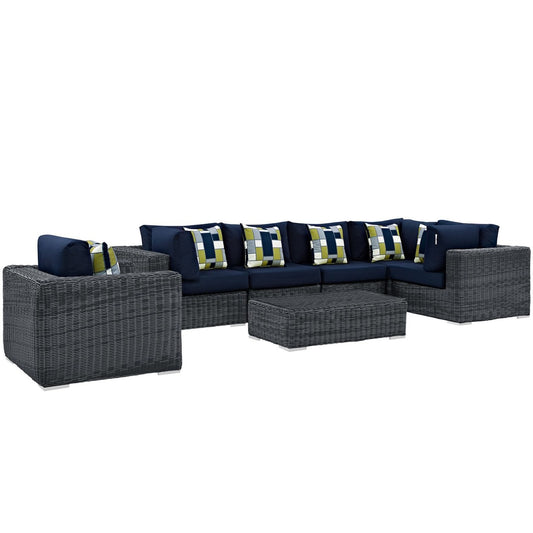 Summon Seven PCS Outdoor Patio Sunbrella Sectional Set, Navy, Rattan 11167