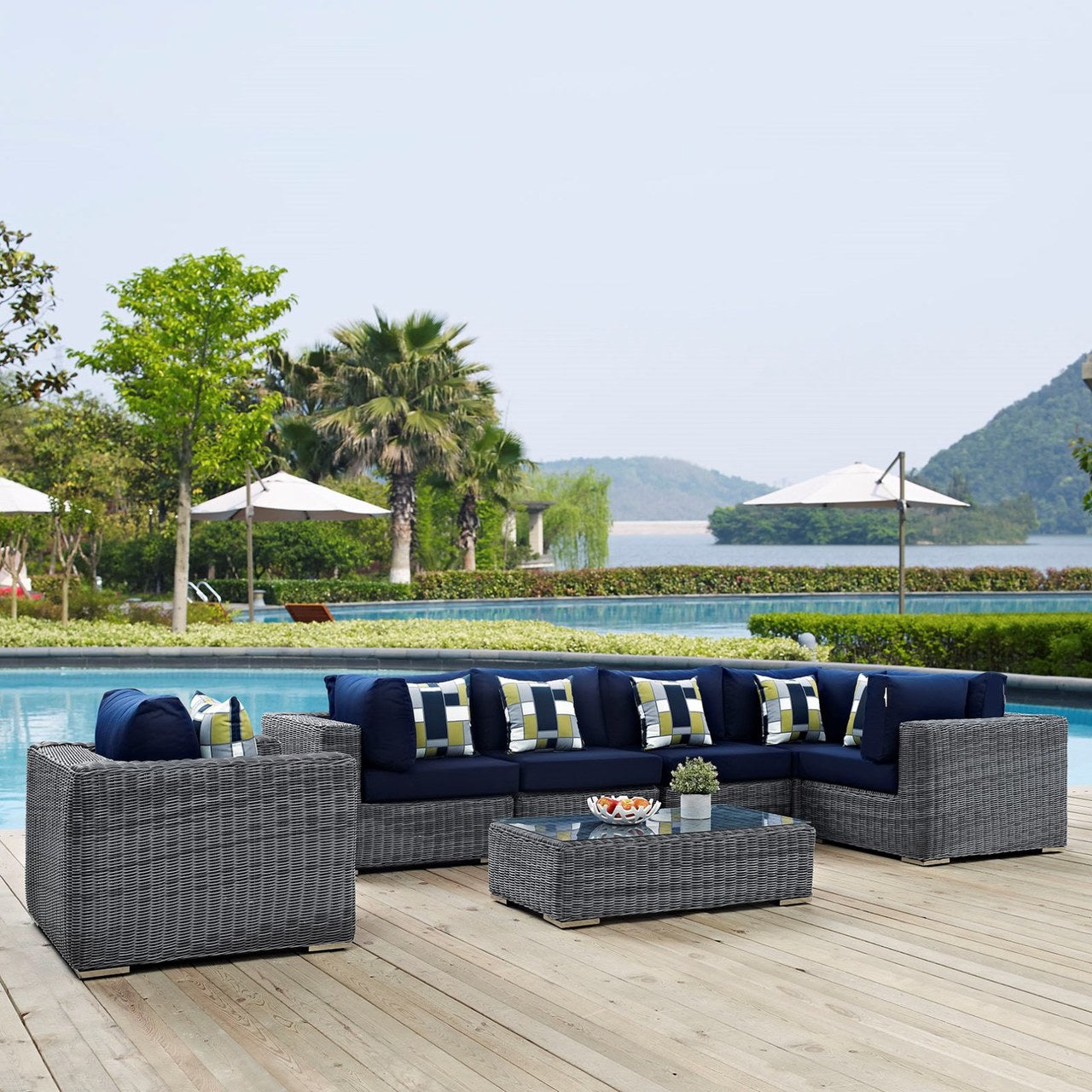 Summon Seven PCS Outdoor Patio Sunbrella Sectional Set, Navy, Rattan 11167