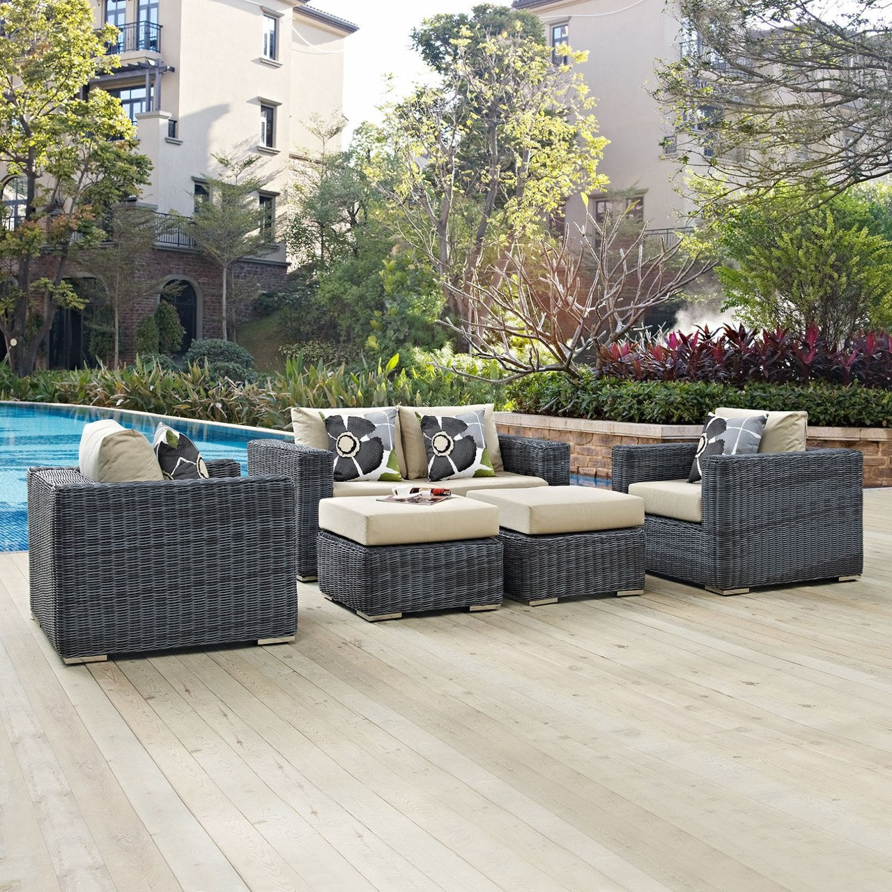 Summon Five PCS Outdoor Patio Sunbrella Sectional Set, Beige, Rattan 11169