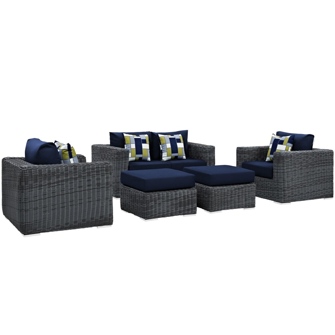 Summon Five PCS Outdoor Patio Sunbrella Sectional Set, Navy, Rattan 11170