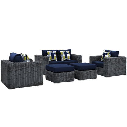 Summon Five PCS Outdoor Patio Sunbrella Sectional Set, Navy, Rattan 11170