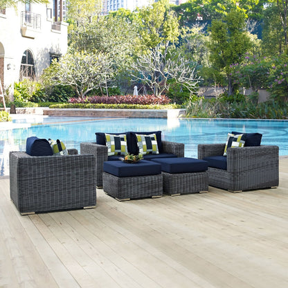 Summon Five PCS Outdoor Patio Sunbrella Sectional Set, Navy, Rattan 11170