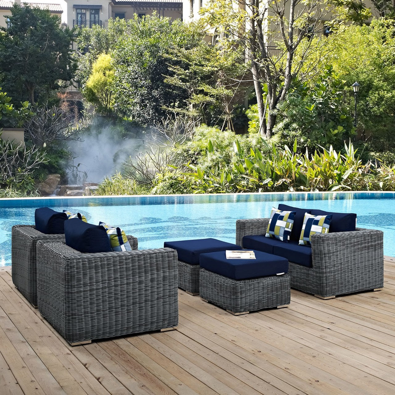 Summon Five PCS Outdoor Patio Sunbrella Sectional Set, Navy, Rattan 11170