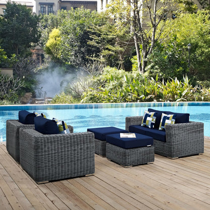 Summon Five PCS Outdoor Patio Sunbrella Sectional Set, Navy, Rattan 11170