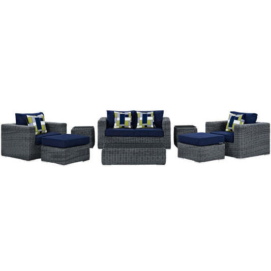Summon Eight PCS Outdoor Patio Sunbrella Sectional Set, Navy, Rattan 11173