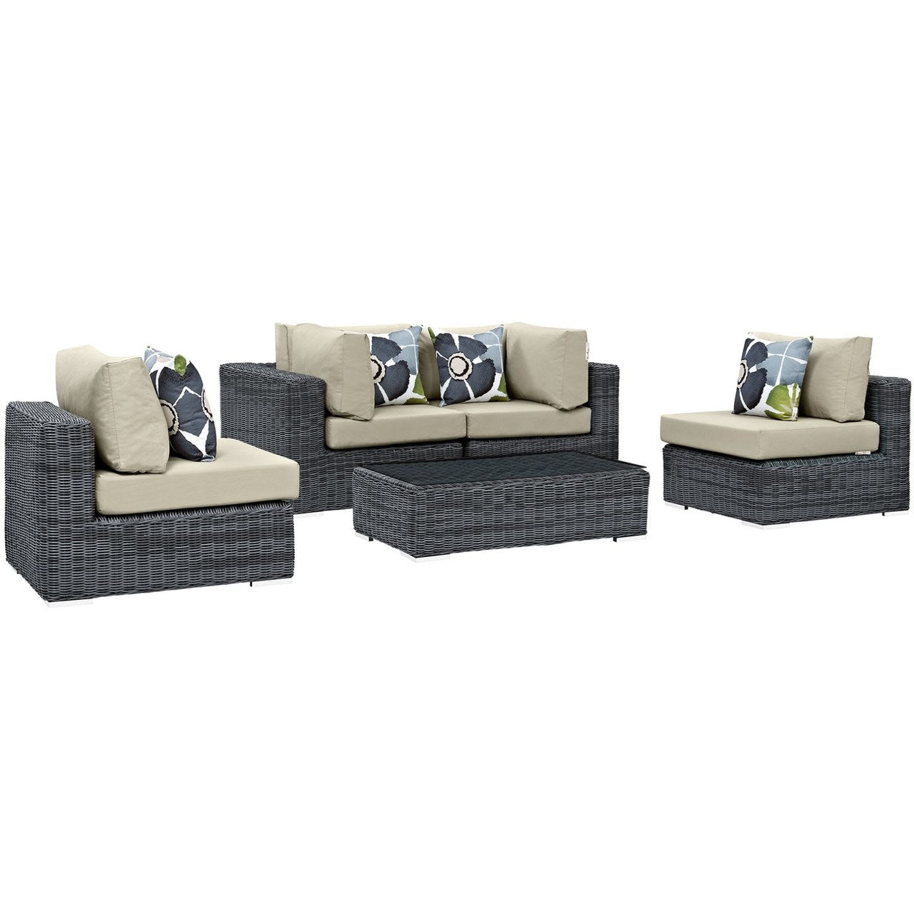 Summon Five PCS Outdoor Patio Sunbrella Sectional Set, Beige, Rattan 11178