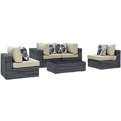 Summon Five PCS Outdoor Patio Sunbrella Sectional Set, Beige, Rattan 11178