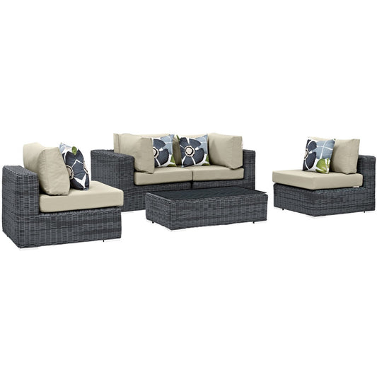 Summon Five PCS Outdoor Patio Sunbrella Sectional Set, Beige, Rattan 11178
