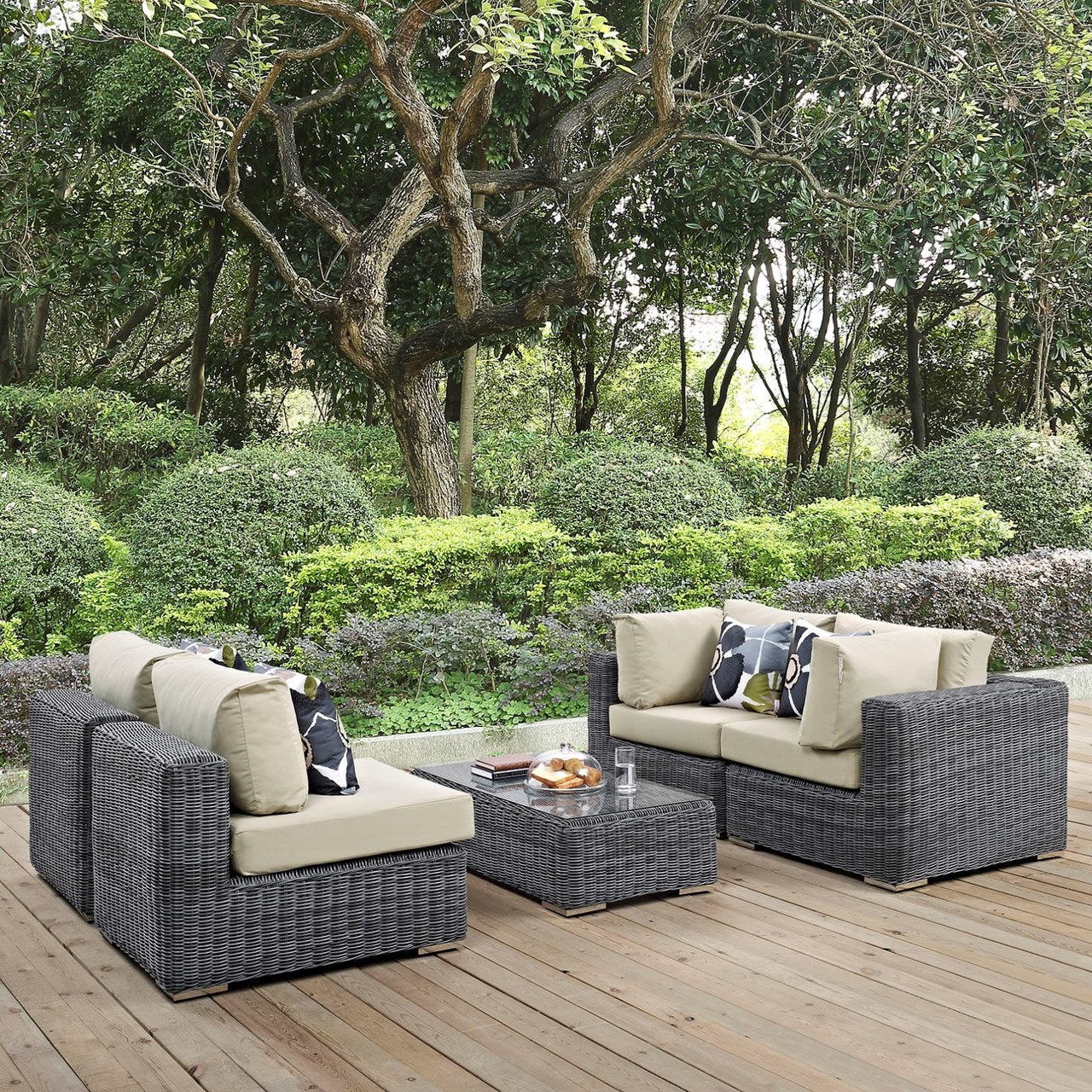 Summon Five PCS Outdoor Patio Sunbrella Sectional Set, Beige, Rattan 11178