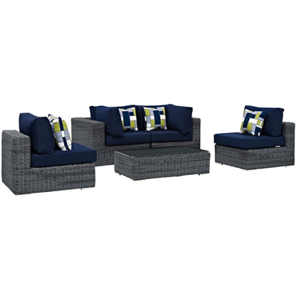 Summon Five PCS Outdoor Patio Sunbrella Sectional Set, Navy, Rattan 11179