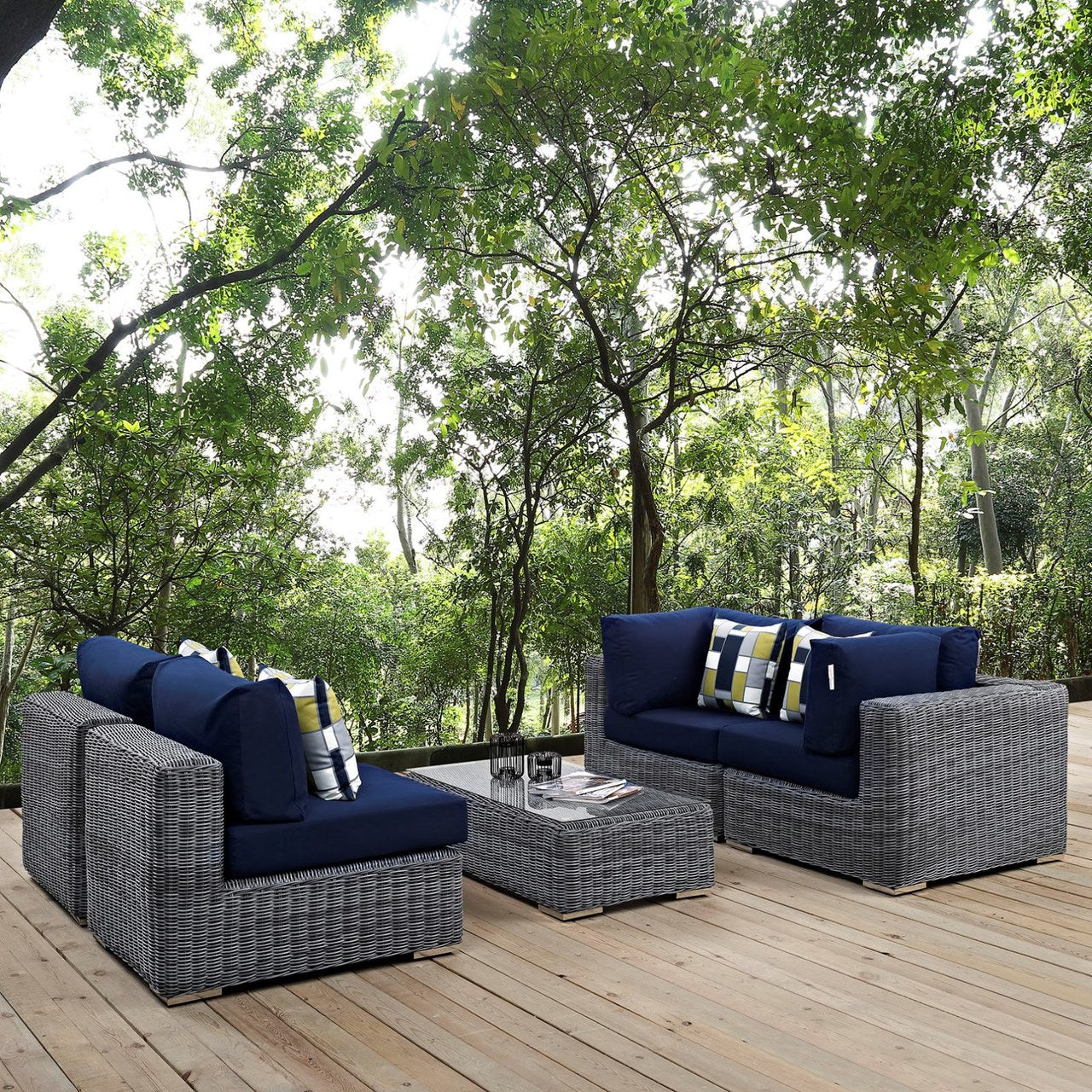 Summon Five PCS Outdoor Patio Sunbrella Sectional Set, Navy, Rattan 11179