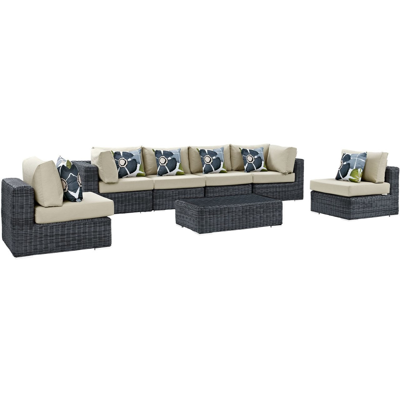 Summon Seven PCS Outdoor Patio Sunbrella Sectional Set, Beige, Rattan 11181