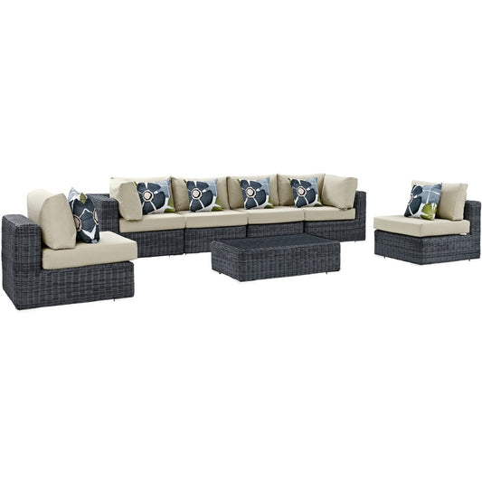 Summon Seven PCS Outdoor Patio Sunbrella Sectional Set, Beige, Rattan 11181