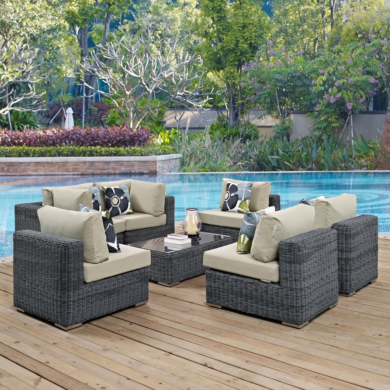 Summon Seven PCS Outdoor Patio Sunbrella Sectional Set, Beige, Rattan 11181