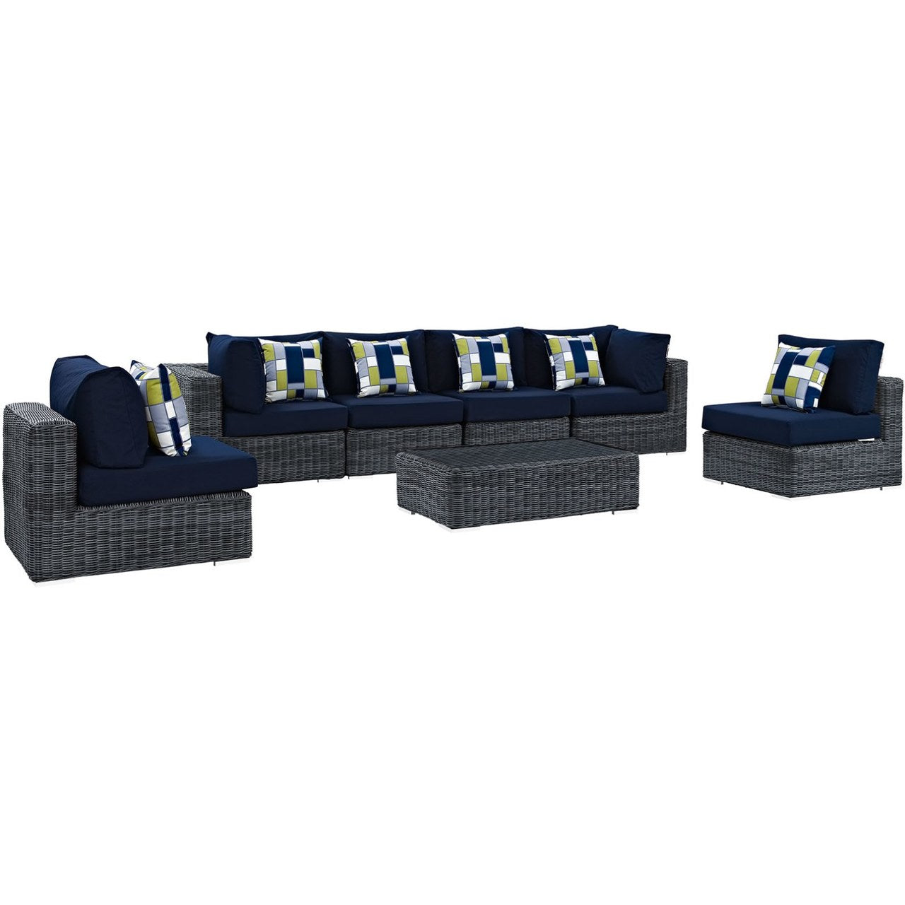 Summon Seven PCS Outdoor Patio Sunbrella Sectional Set, Navy, Rattan 11182