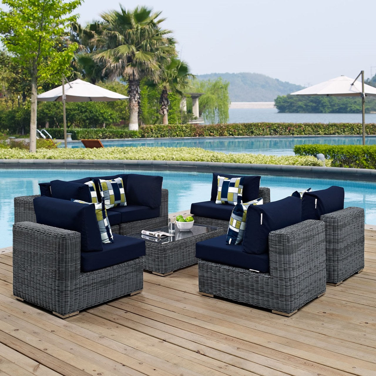 Summon Seven PCS Outdoor Patio Sunbrella Sectional Set, Navy, Rattan 11182