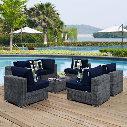 Summon Seven PCS Outdoor Patio Sunbrella Sectional Set, Navy, Rattan 11182