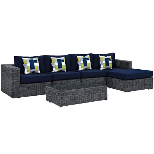 Summon Five PCS Outdoor Patio Sunbrella Sectional Set, Navy, Rattan 11191