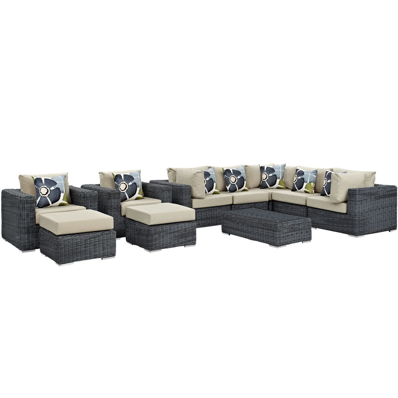 Summon Ten PCS Outdoor Patio Sunbrella Sectional Set, Beige, Rattan 11193