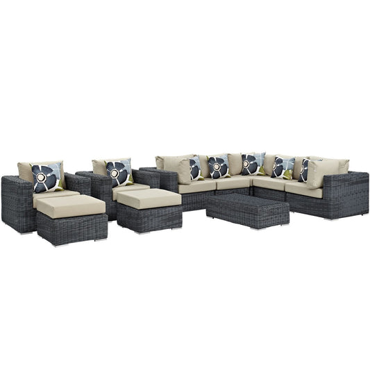 Summon Ten PCS Outdoor Patio Sunbrella Sectional Set, Beige, Rattan 11193