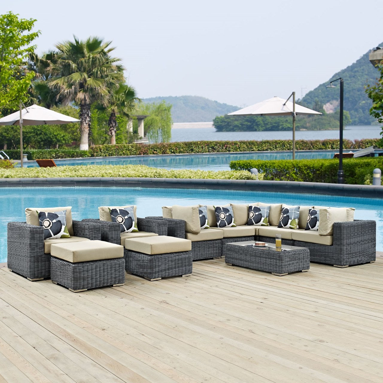Summon Ten PCS Outdoor Patio Sunbrella Sectional Set, Beige, Rattan 11193