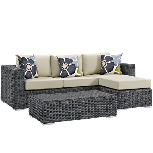 Summon Three PCS Outdoor Patio Sunbrella Sectional Set, Beige, Rattan 11196