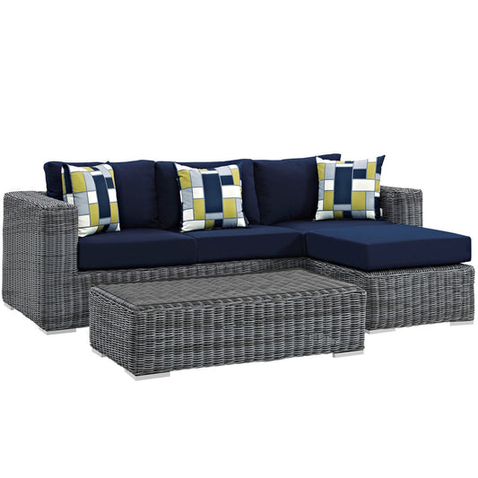 Summon Three PCS Outdoor Patio Sunbrella Sectional Set, Navy, Rattan 11197