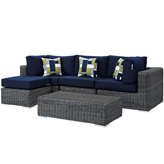 Summon Five PCS Outdoor Patio Sunbrella Sectional Set, Navy, Rattan 11200