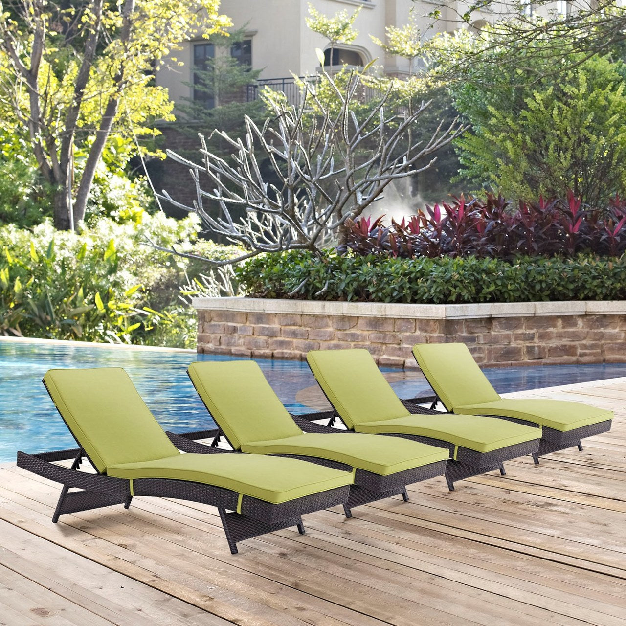 Convene Chaise Outdoor Patio Set of 4, Green, Rattan 11295