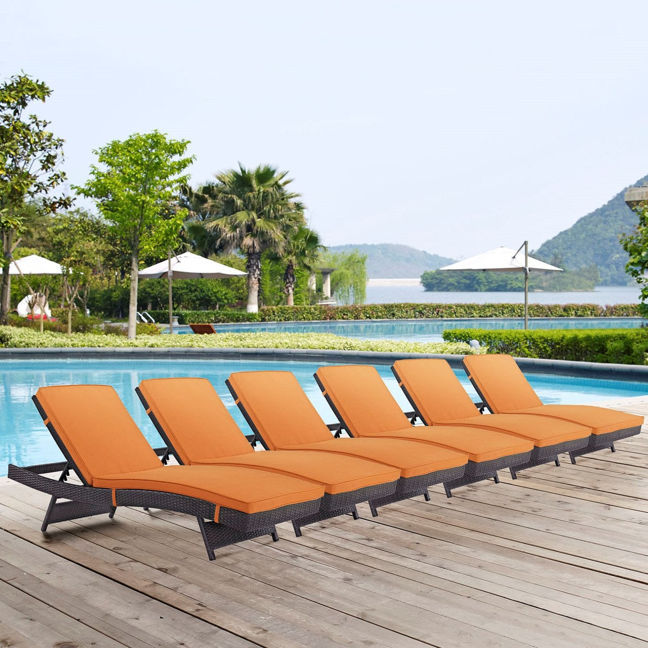 Convene Chaise Outdoor Patio Set of 6, Orange, Rattan 11300