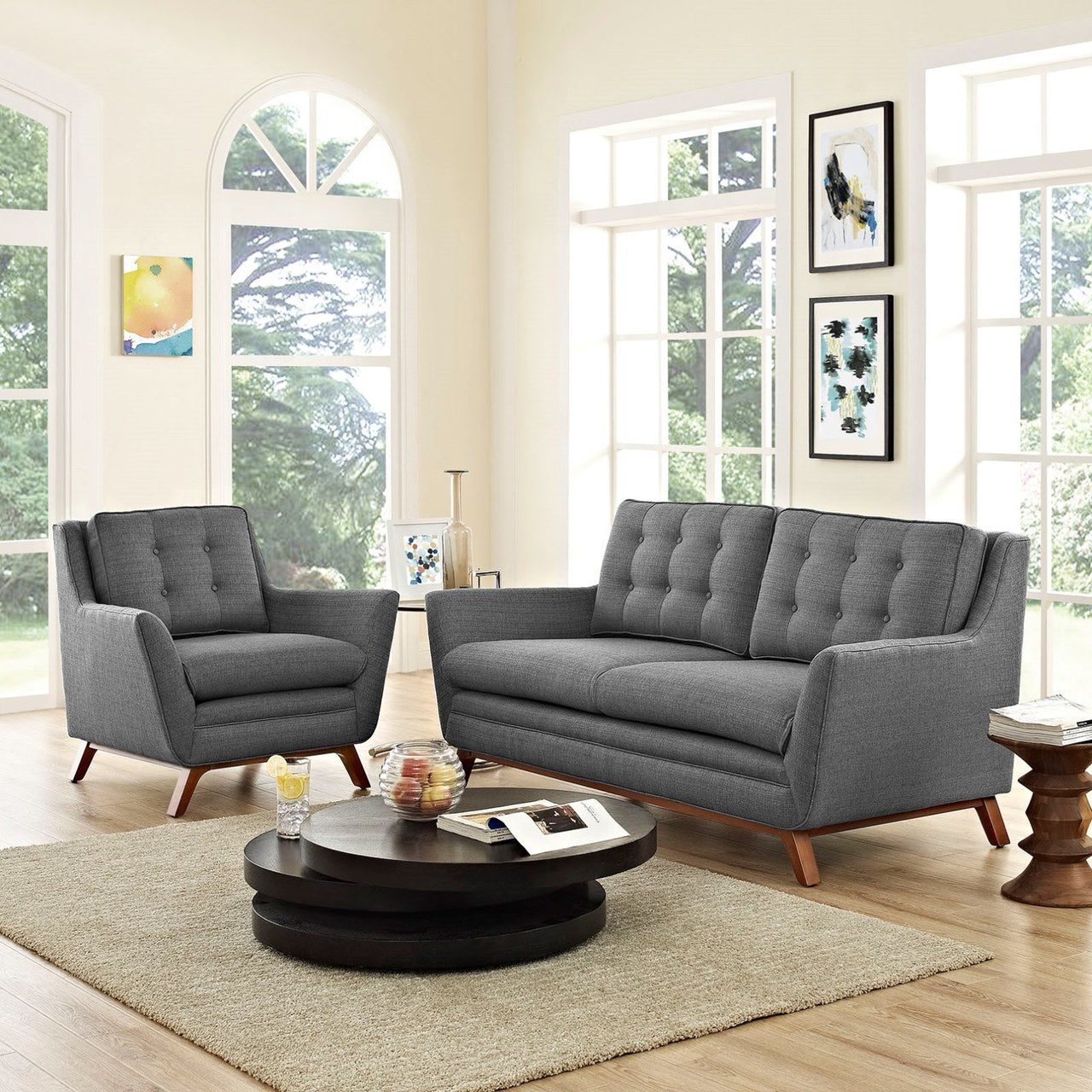Beguile Living Room Set Upholstered Fabric Set of 2, Grey, Fabric 11314