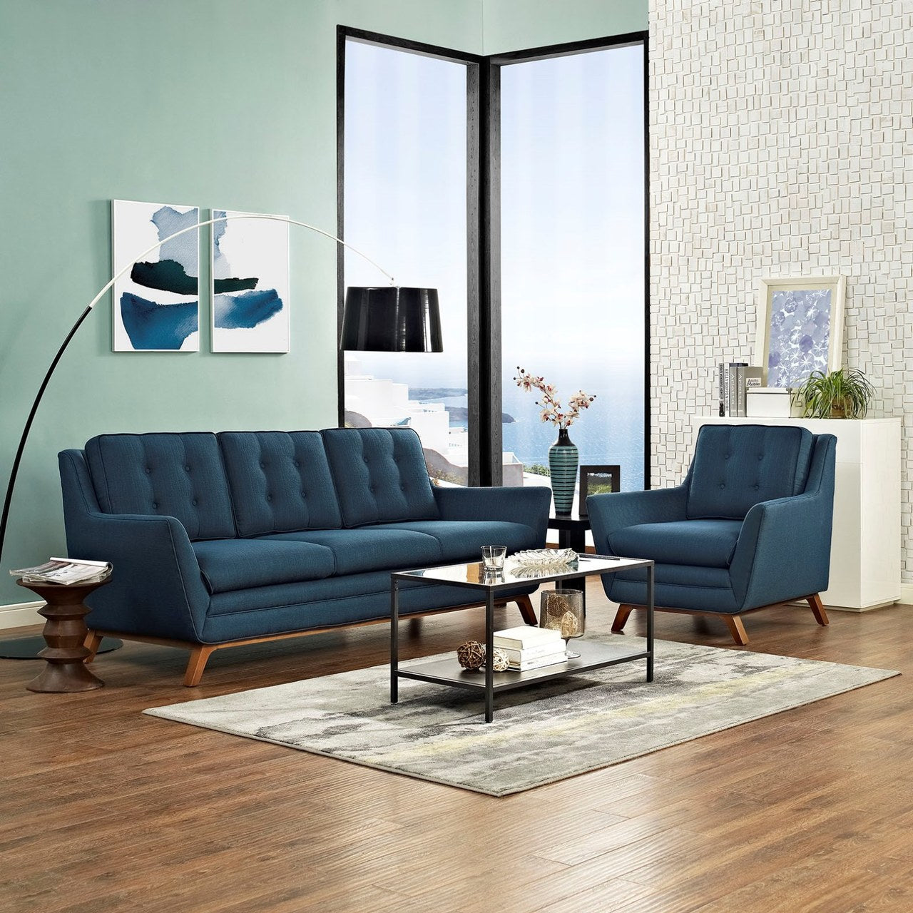 Beguile Living Room Set Upholstered Fabric Set of 2, Navy, Fabric 11320