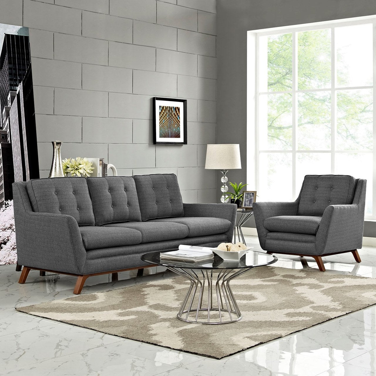 Beguile Living Room Set Upholstered Fabric Set of 2, Grey, Fabric 11321