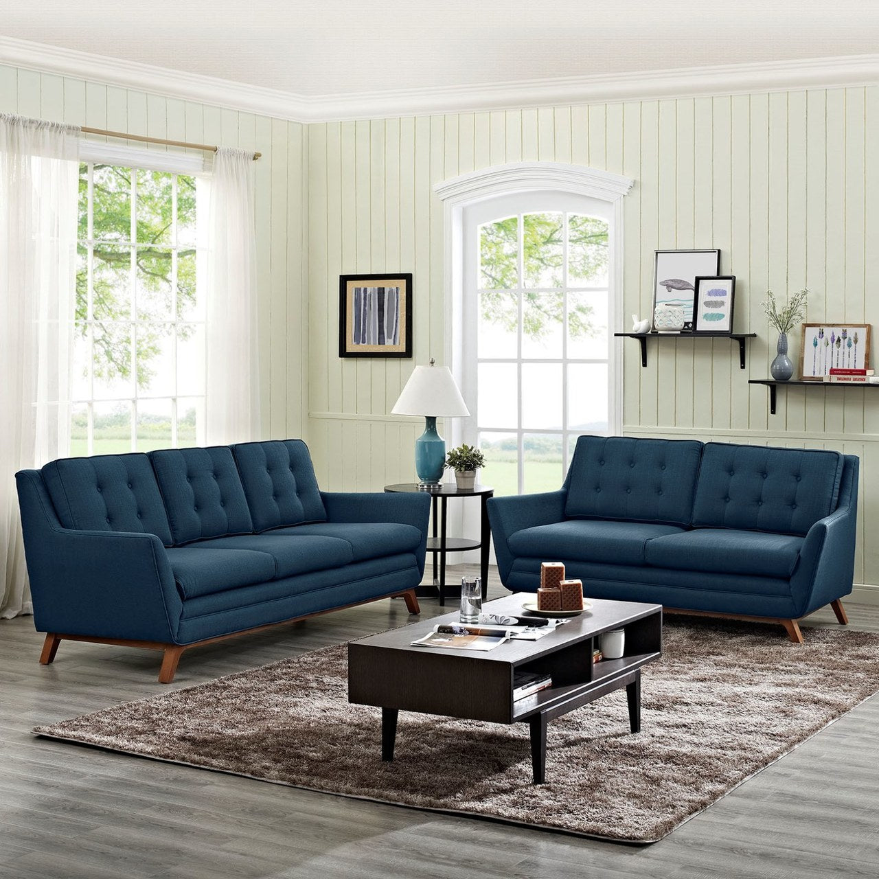 Beguile Living Room Set Upholstered Fabric Set of 2, Navy, Fabric 11327