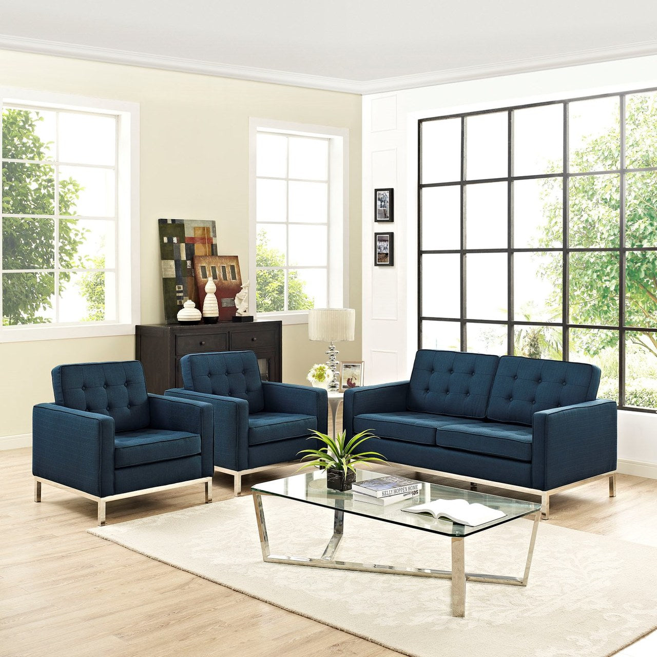 Loft Living Room Set Upholstered Fabric Set of 3, Navy, Fabric 11360