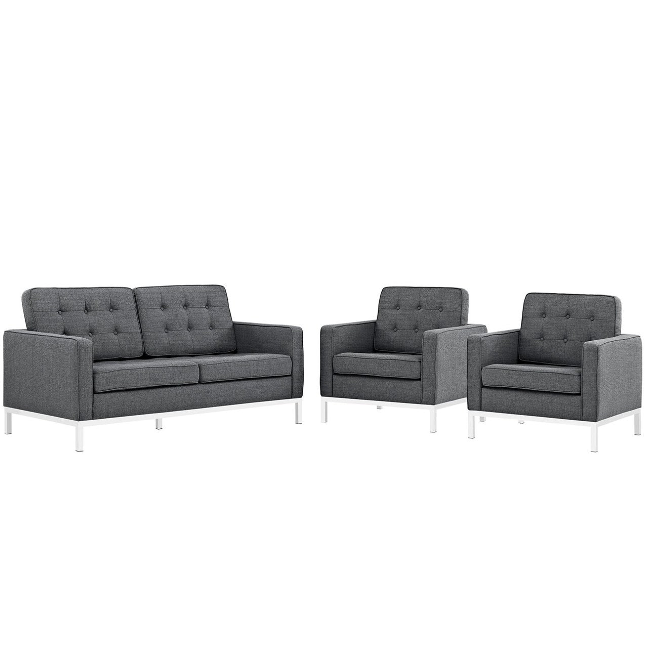 Loft Living Room Set Upholstered Fabric Set of 3, Grey, Fabric 11361